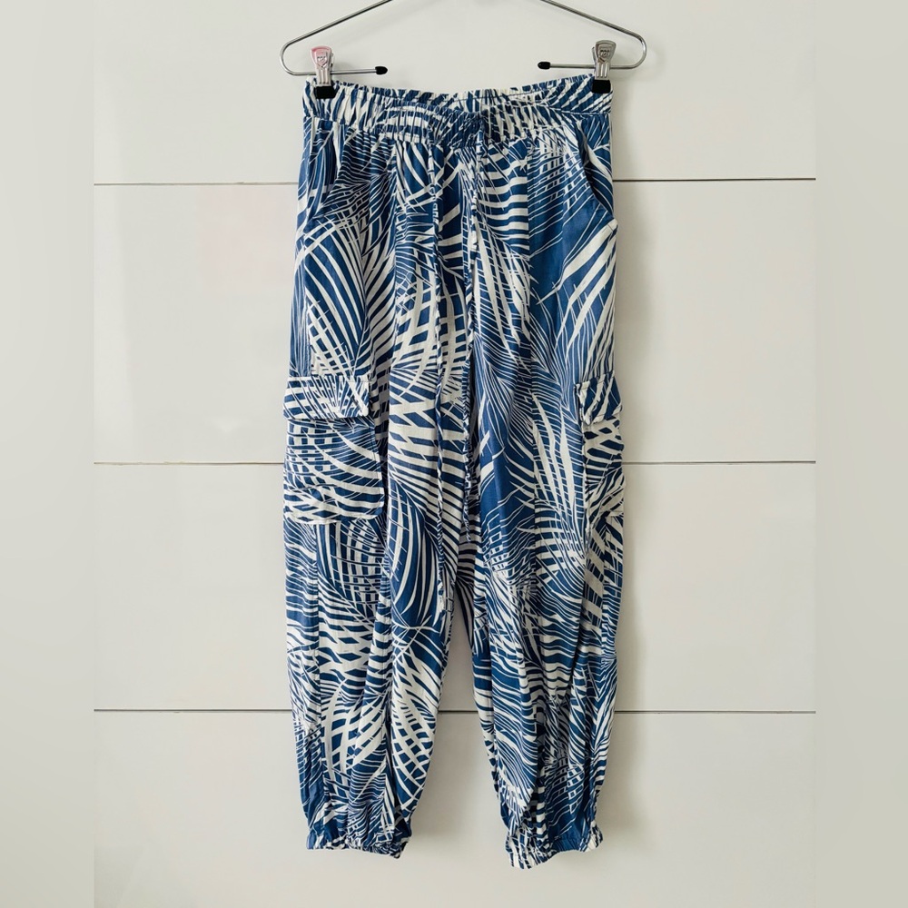 Panama Jack Blue and White Tropical Linen Jogger Yoga Cargo Pants Size XS